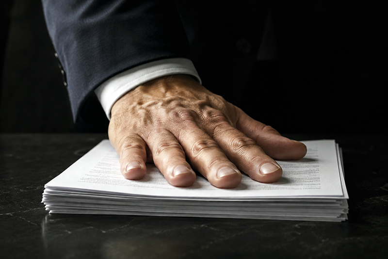 Hands setting down a stack of documents on a clean white desk, representing relief from paperwork burden
